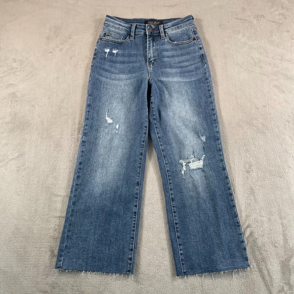 Judy Blue DELLA High-Waist Distressed Wide‎ Leg Crop Jeans Women 0/24 Blue NWOT